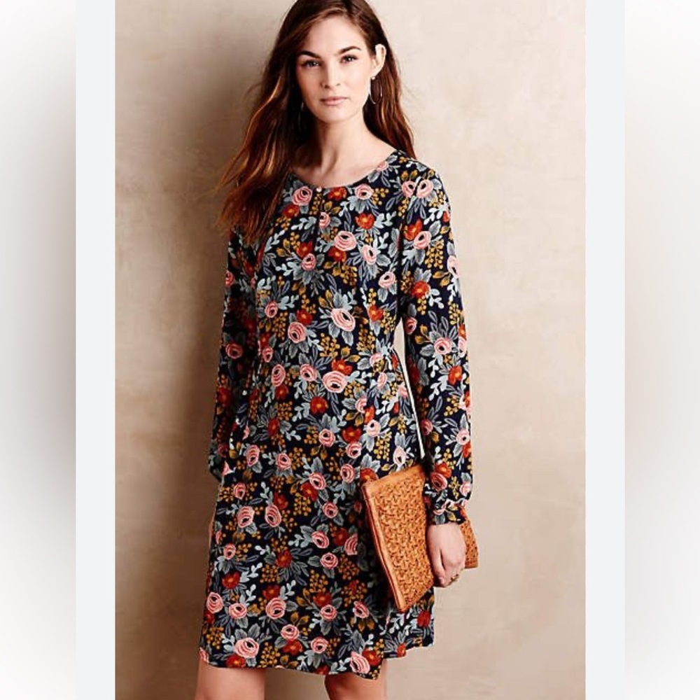 Anthropologie Paper Crown Rifle Paper Co Efflorescence Floral Swing Dress Modest
